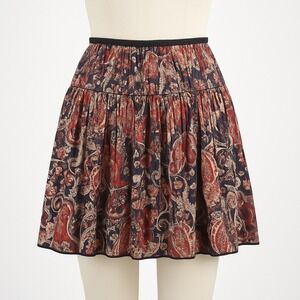 Vtg 100% Cotton A line Pleated Paisley Midi Skirt Red Tan M Granola Hippie Boho